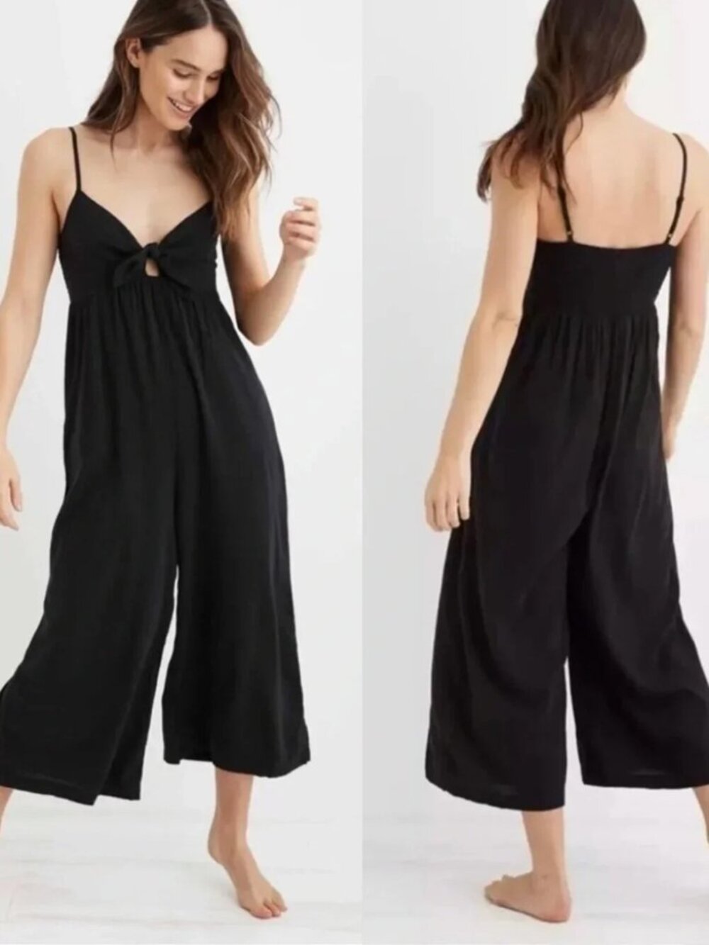 Aerie Black Wide Leg Crop Tie Front Jumpsuit Pants S Gauze Pockets Lounge Casual